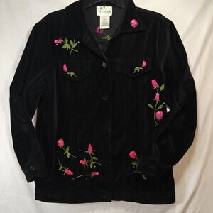 The Quacker Factory Womens S black Velvet Butto Jacket Shirt Embroidered Roses